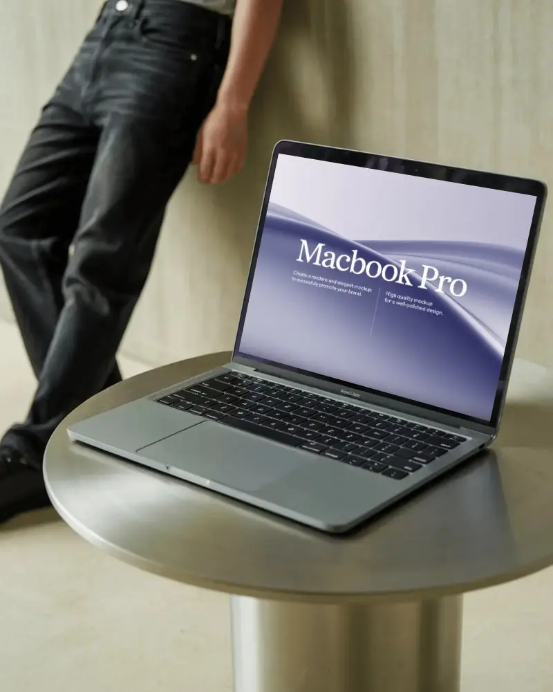 Professional Macbook Air M1 Mockup On Metal Table Ready For Web Design Or Marketing Layouts