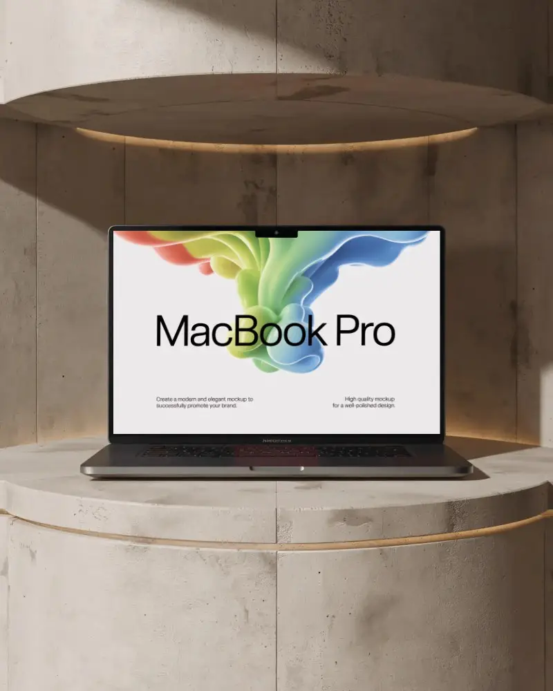 Sleek Modern Macbook Pro M4 Mockup On Minimalist Concrete Pedestal For Professional Showcase