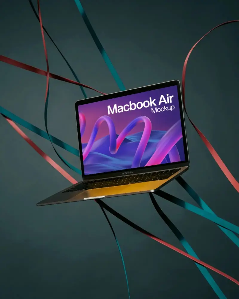 Floating M1 Macbook Air Mockup With Ribbons For Modern Digital Presentation And Creative Projects