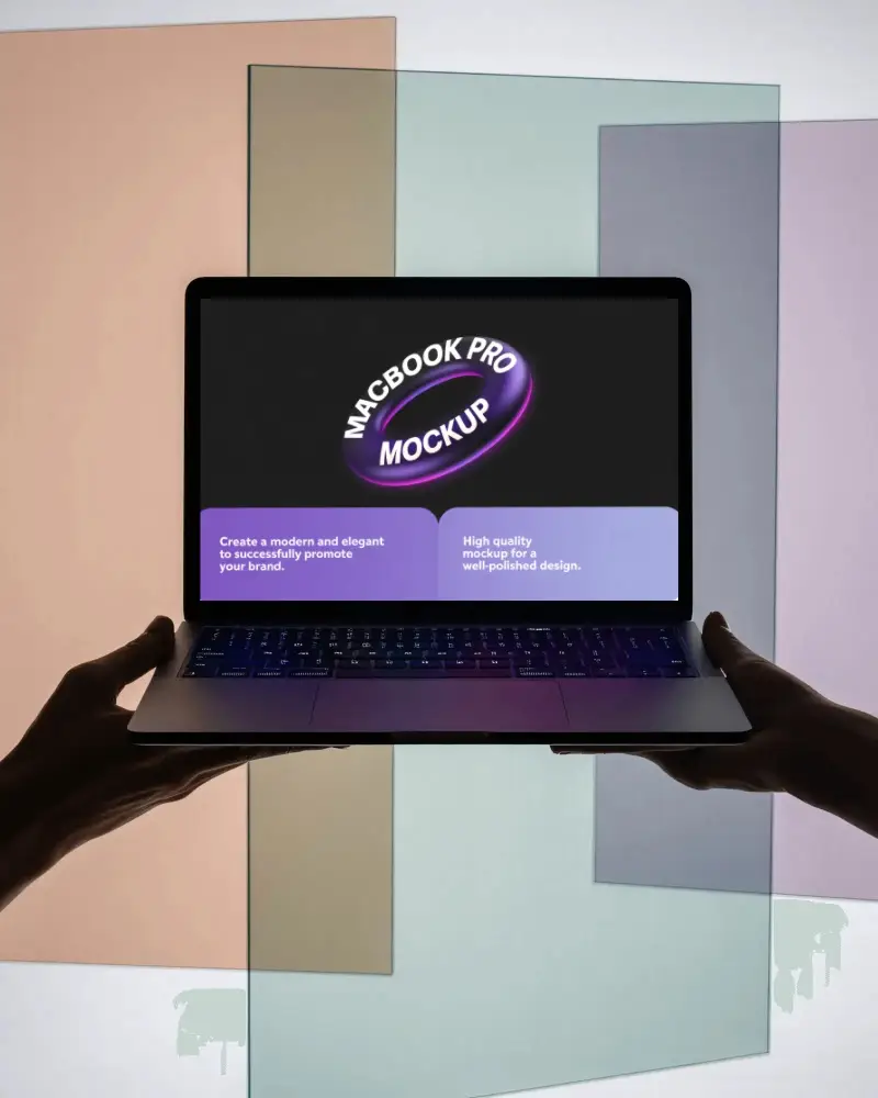 Pastel Translucent Panel Display Macbook M1 Pro Mockup Held In Artistic Silhouette