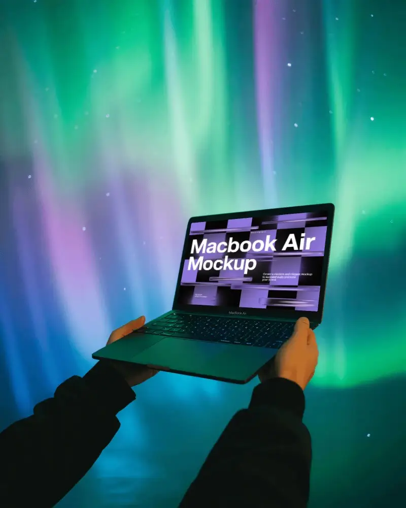 Celestial Aurora Lights Macbook M1 Air Mockup Floating In Vibrant Cosmic Glow