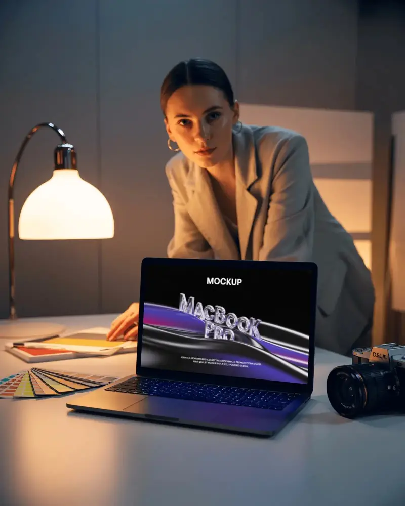 Creative Studio Night Session Macbook M1 Pro Mockup With Designer Focused Workflow