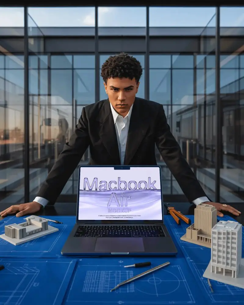 Architectural Vision Lab Macbook M4 Air Mockup Surrounded By Blueprints And Scale Models