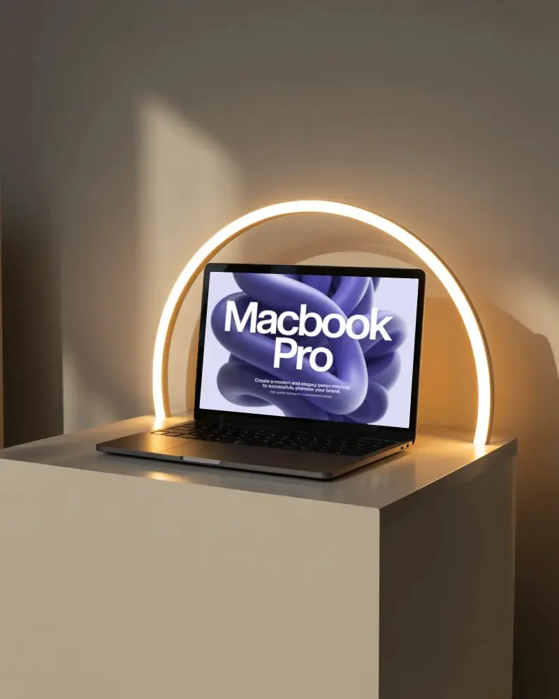 Luminous Arc Minimalist Desk Macbook M1 Pro Mockup With Soft Golden Halo Lighting