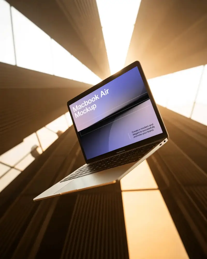 Golden Ascend Architecture Macbook M1 Air Mockup Floating In Sunlit Sky Tunnel