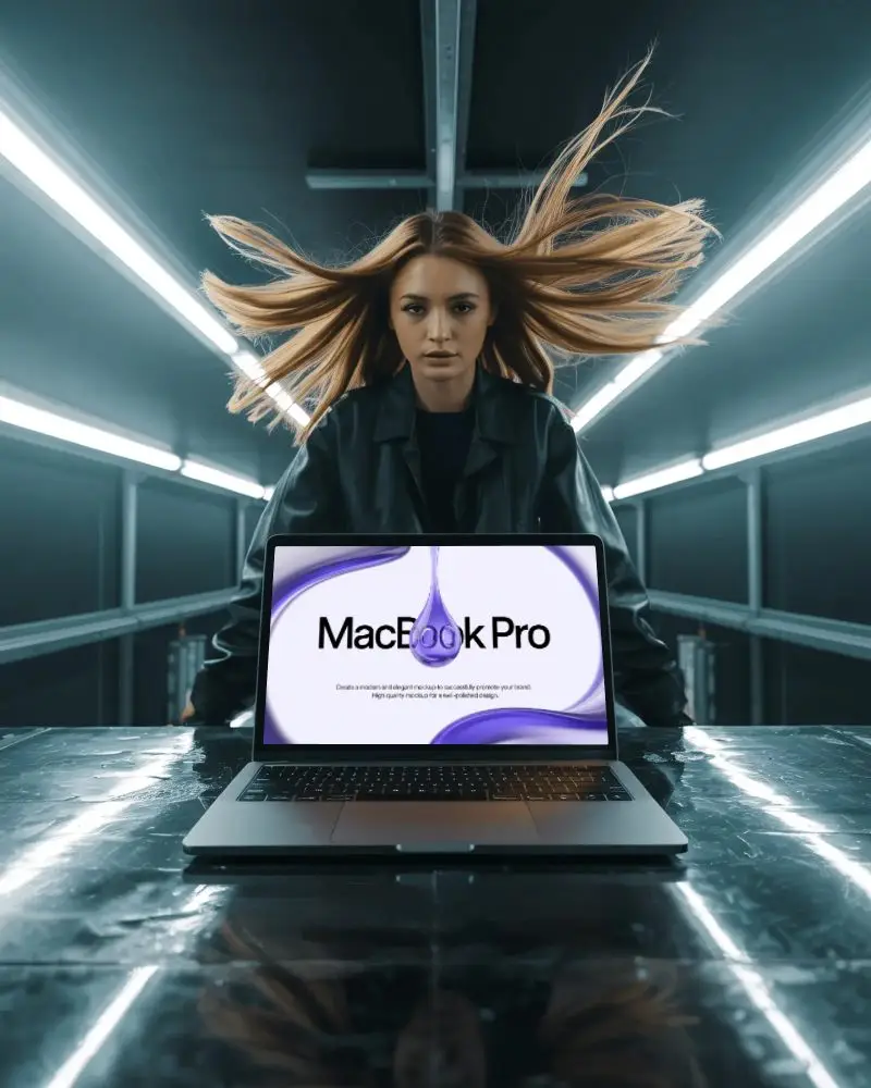 Cyber Wind Force Macbook M1 Pro Mockup With Dynamic Hair Motion And Industrial Light