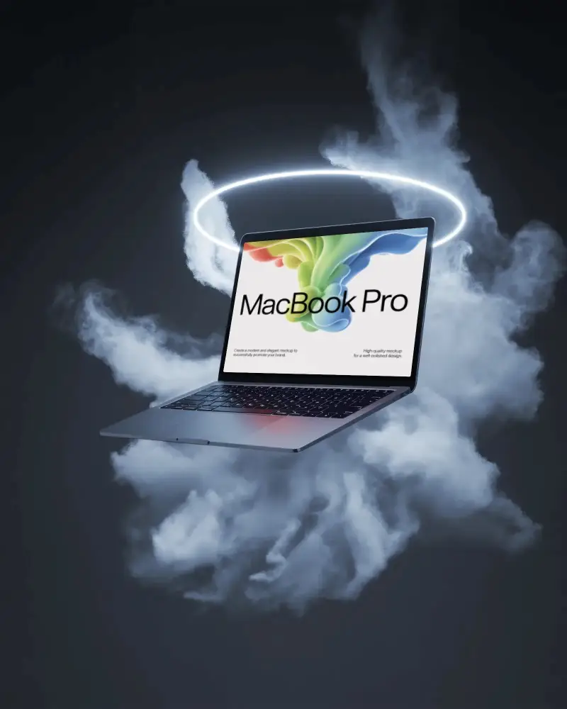 Celestial Smoke Halo Macbook M1 Pro Mockup With Floating Cyber Aura Light Ring