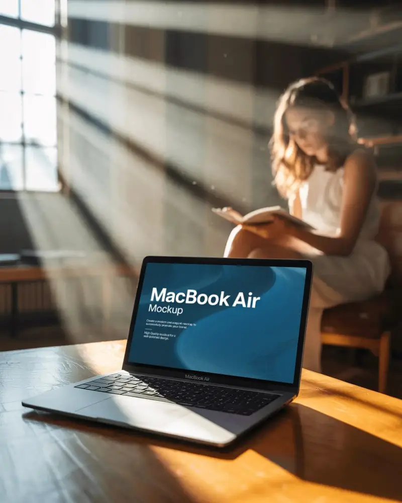 Sunlit Reading Nook Macbook M1 Air Mockup With Soft Golden Rays And Cozy Ambient Light