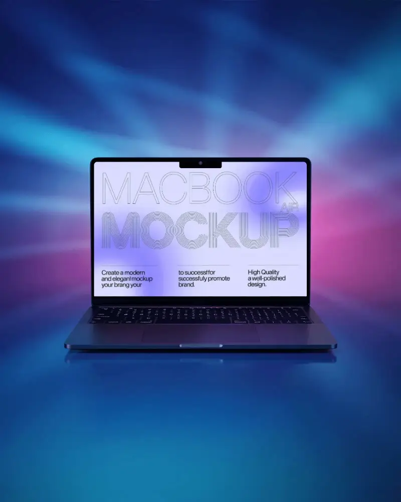Futuristic Neon Glow Macbook M5 Air Mockup With Radiant Blue And Magenta Lightscape