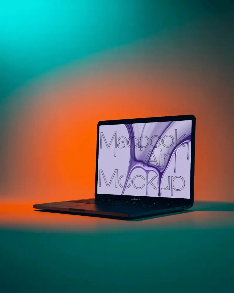 Dual Tone Cinematic Glow Macbook M1 Air Mockup With Teal And Orange Spotlight