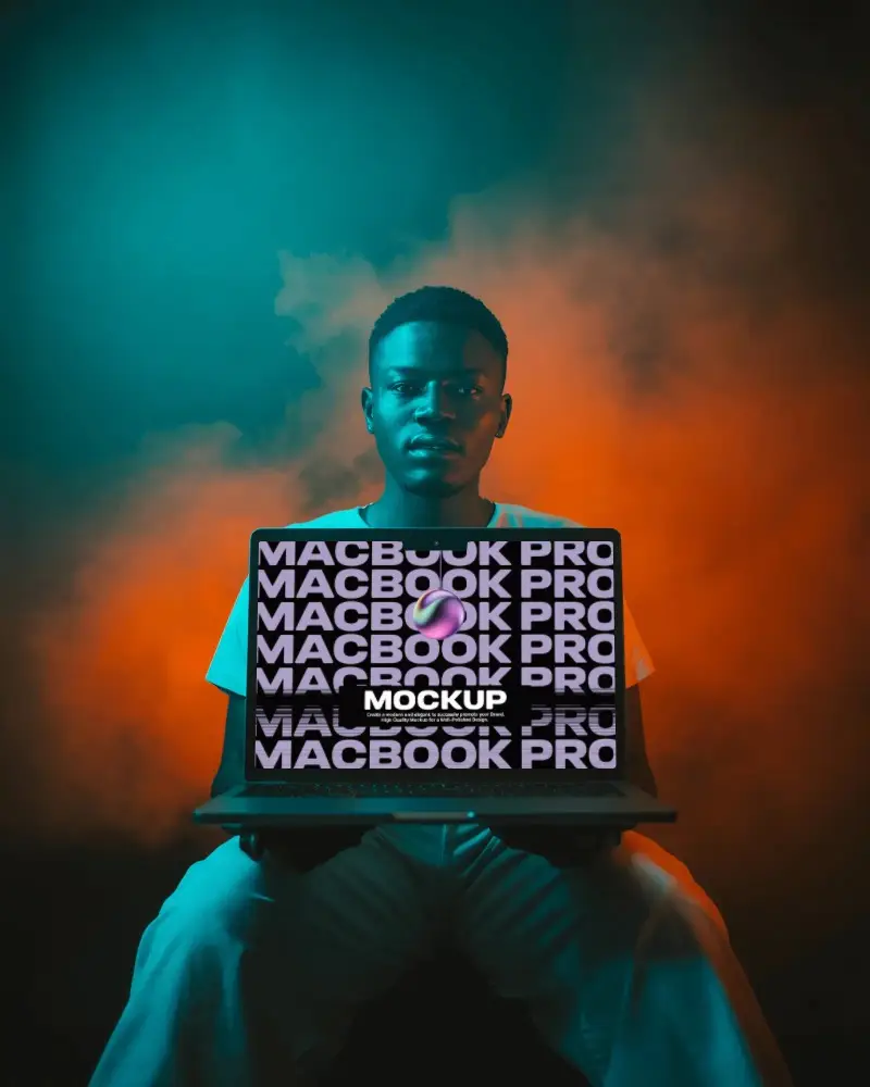 Cinematic Smoke Backdrop Macbook M3 Pro Mockup With Teal And Orange Atmospheric Lighting