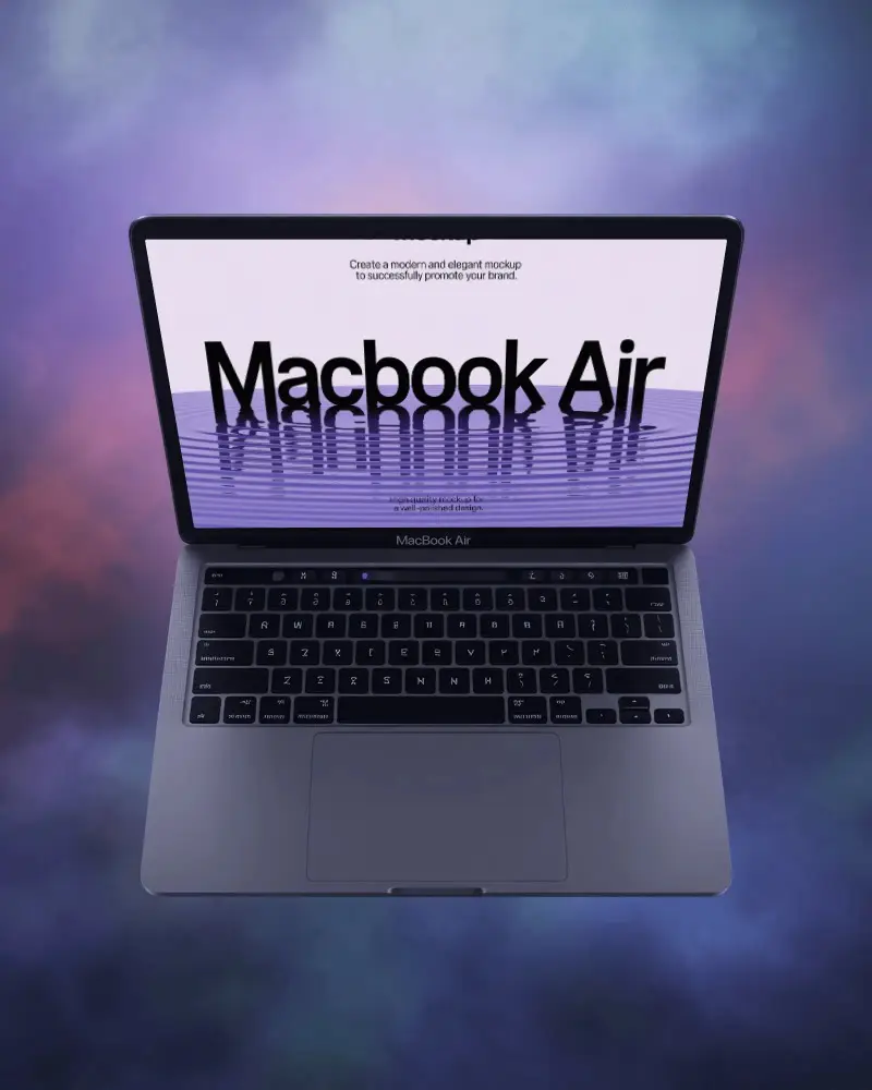 Ethereal Floating Macbook M1 Air Mockup Surrounded By Mystical Multicolor Fog Clouds