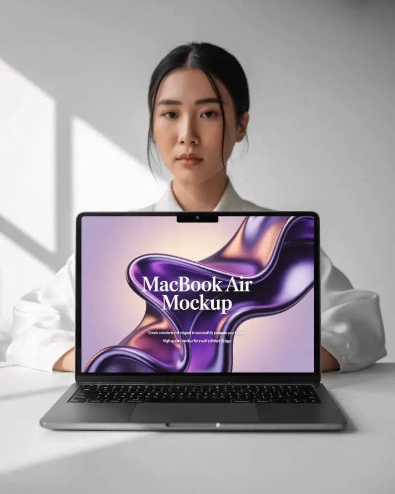 Calm Soft Shadow Studio Macbook M5 Air Mockup Featuring Poised Front Facing Model