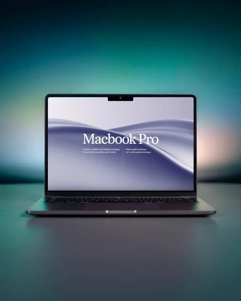 Neon Aura Studio Lit M5 Pro Macbook Mockup With Soft Gradient Glow High Contrast Atmosphere