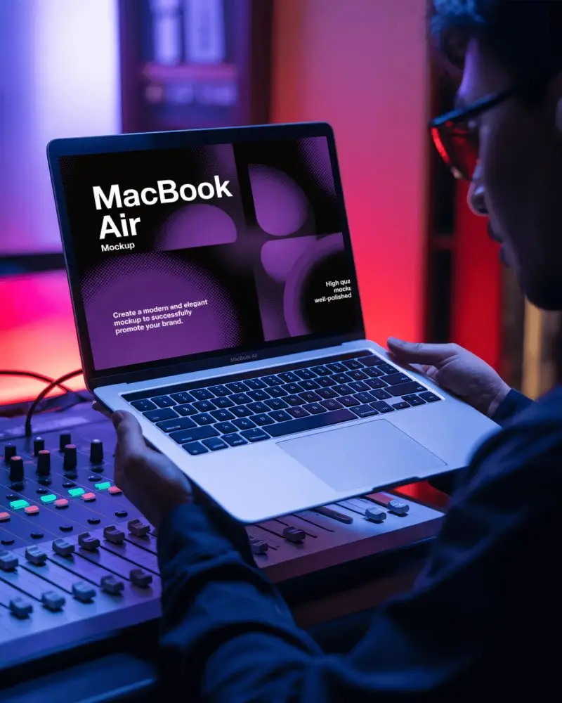 Neon Studio Sound Engineer M1 Air Mockup Captured In Musical Workspace Glow