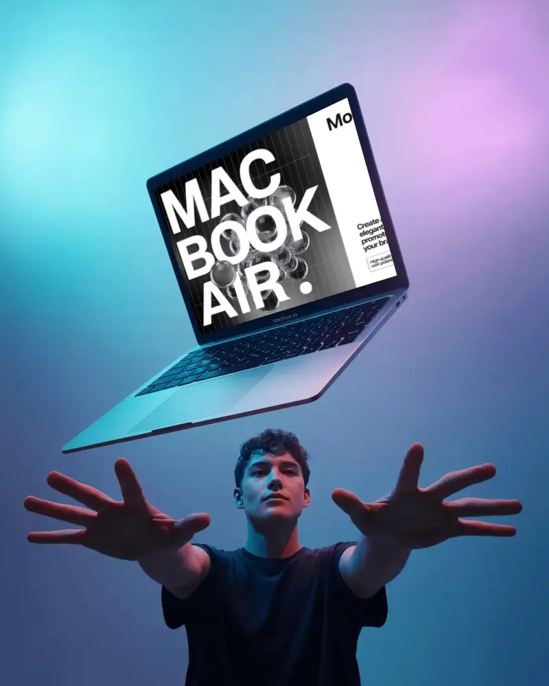 Neon Drift Floating M1 Air Mockup Suspended Above Outstretched Hands With Purple Blue Lighting