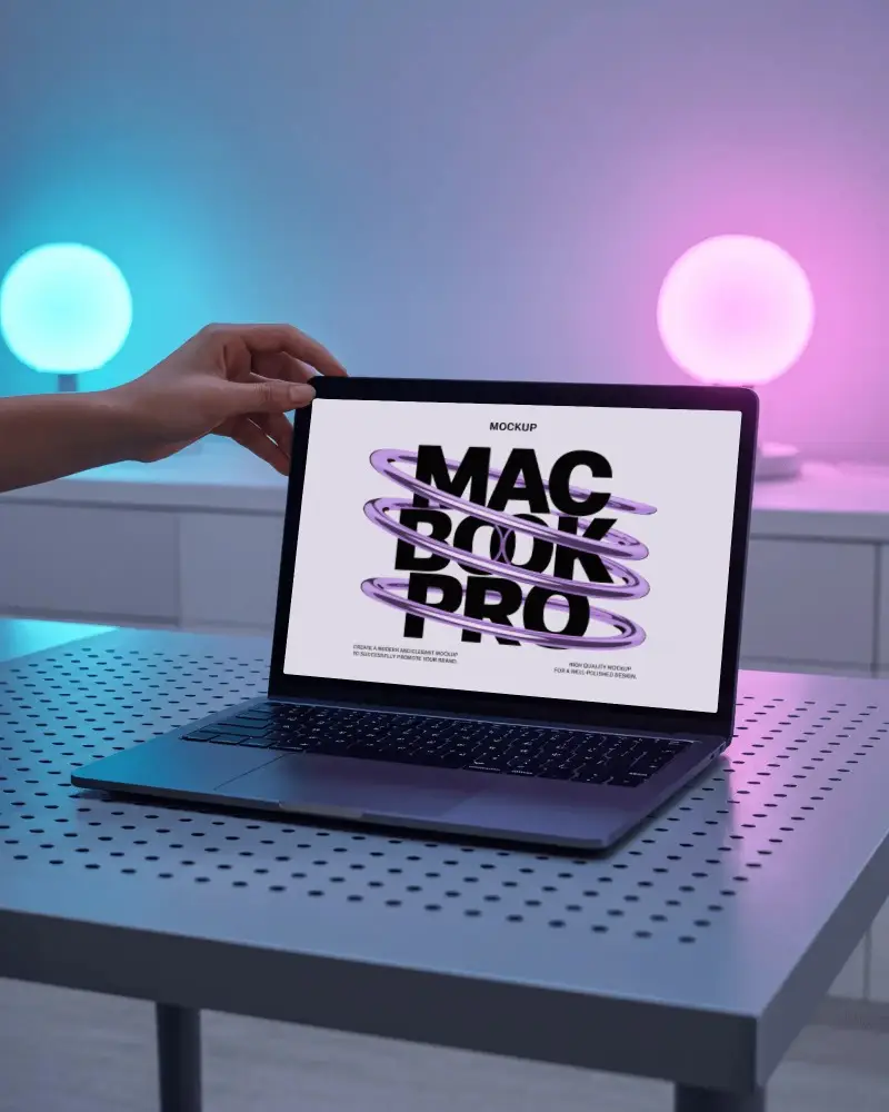 Perforated Table Modern Room M1 Pro Mockup Under Neon Accent Lighting