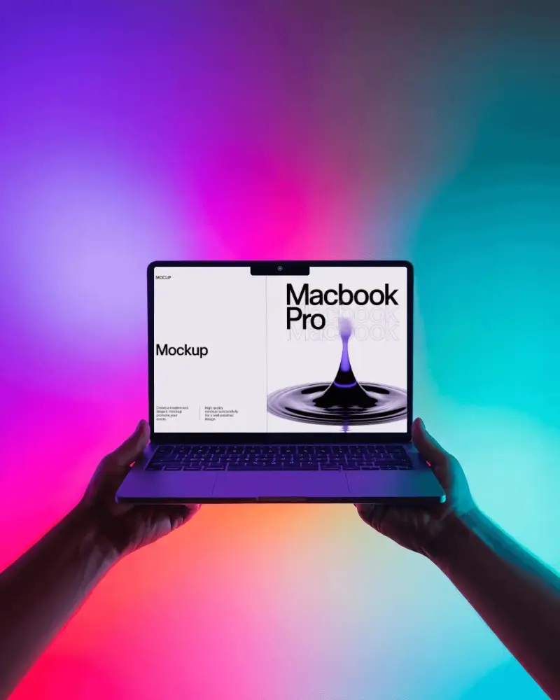 Vibrant Neon Aura Hands Held M4 Pro Mockup Glowing In Multicolor Light Waves