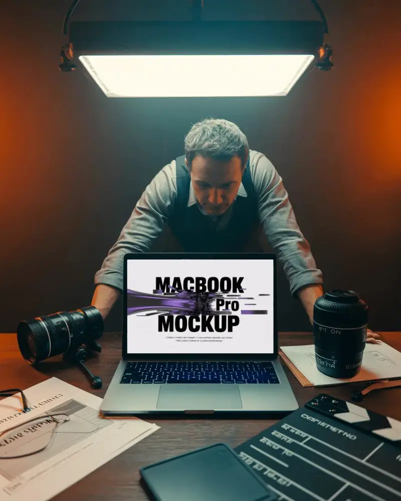 Filmmaker Studio Desk M1 Pro Mockup With Director Leaning Over Editing Setup
