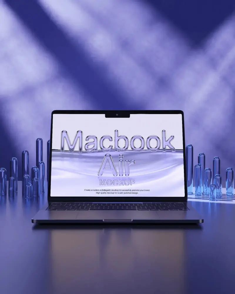 Neon Lab Environment M5 Air Mockup Surrounded By Translucent Glass Pillars