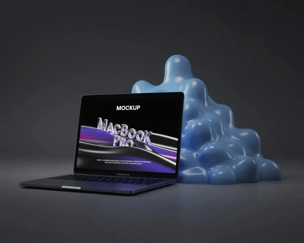 Abstract Blue Blob Sculpture Studio M1 Pro Mockup On Dark Minimal Background