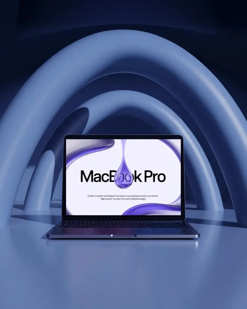 Deep Blue Arch Sculpture M1 Pro Mockup In Futuristic Studio With Smooth Matte Surfaces