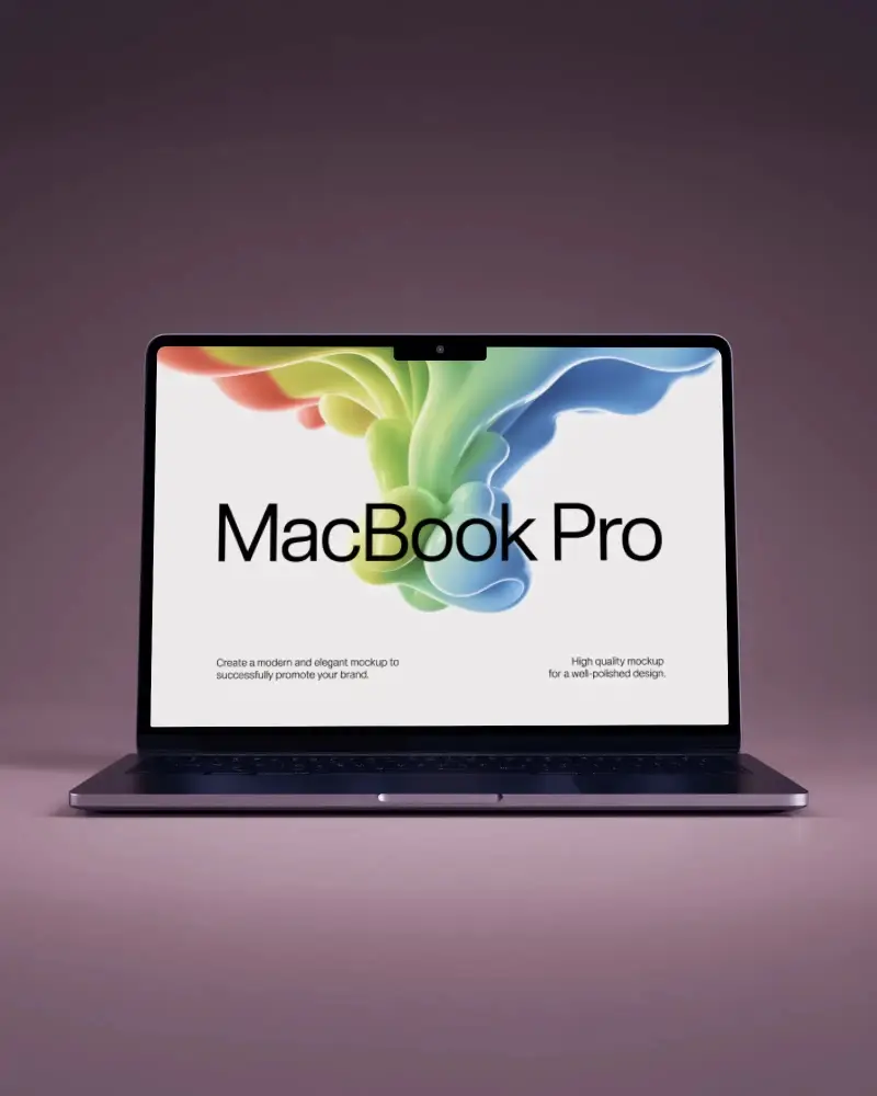 Modern M5 Pro Laptop Mockup Showcased In Soft Purple Gradient Environment With Minimalist Aesthetic