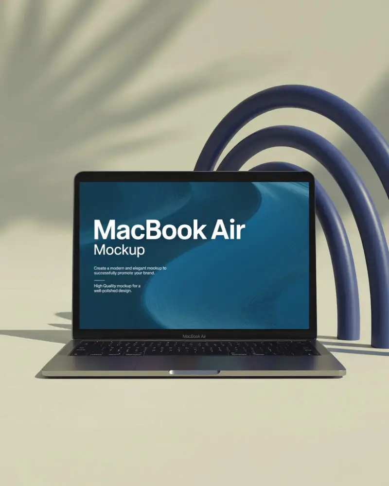 M1 Air Front View Macbook Mockup With Modern Minimal Cream Sculptural Blue Arches Design Elements