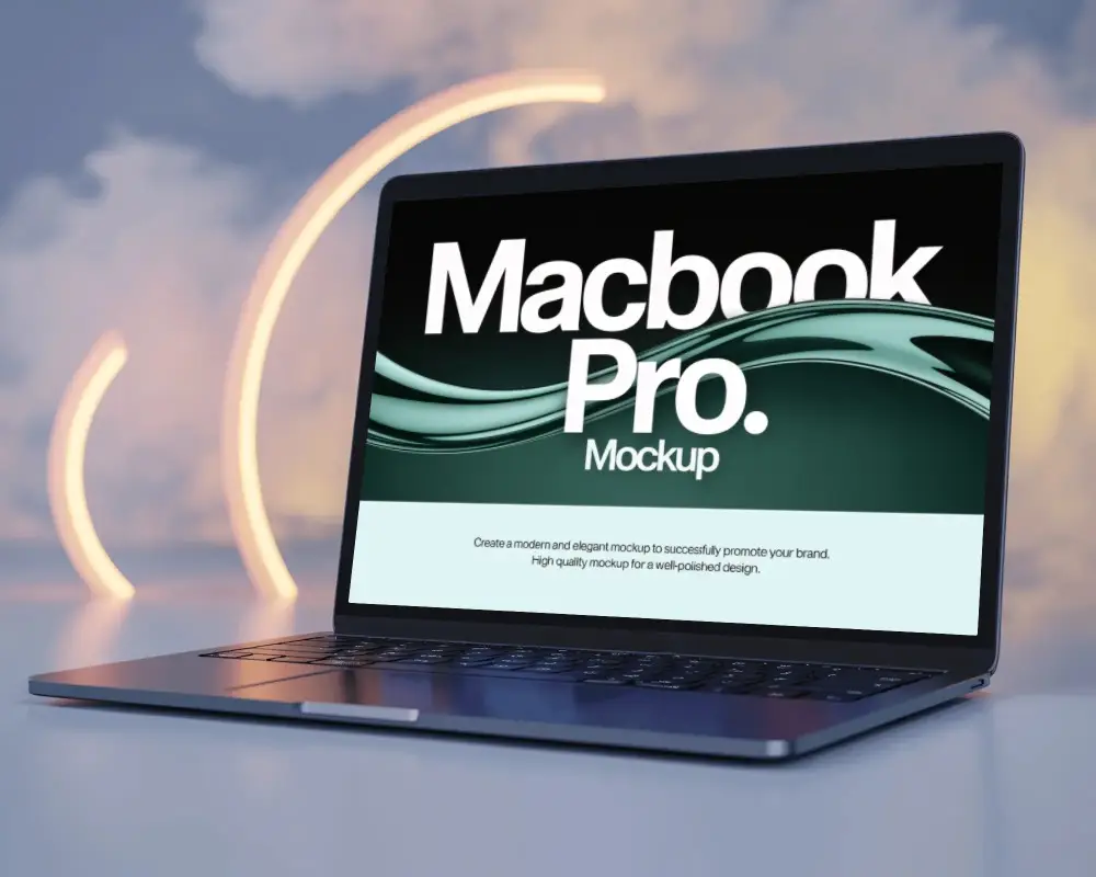 Macbook M1 Pro Side View Mockup With Soft Dreamy Cloud And Glowing Arched Light Elements
