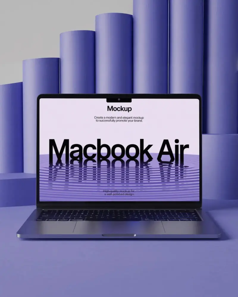 Macbook M5 Air Front View Mockup With Modern Purple Cylinder Background And Minimal Studio Lighting