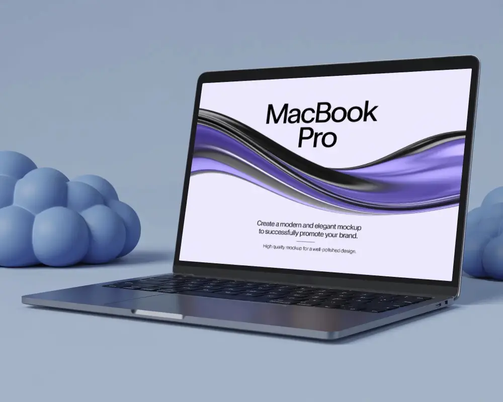 Macbook M1 Pro Mockup With Soft Blue Abstract Bubble Sculptures In Clean Contemporary Studio