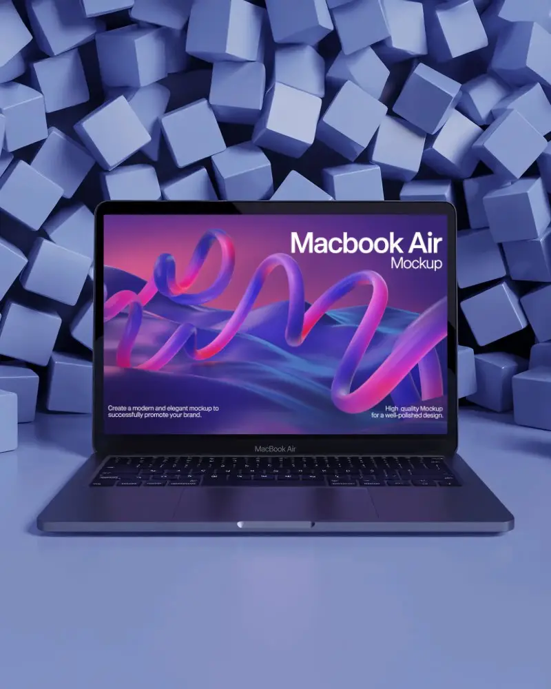 Macbook Air M1 Front View Mockup With Stacked 3d Blue Cube Background In Modern Studio