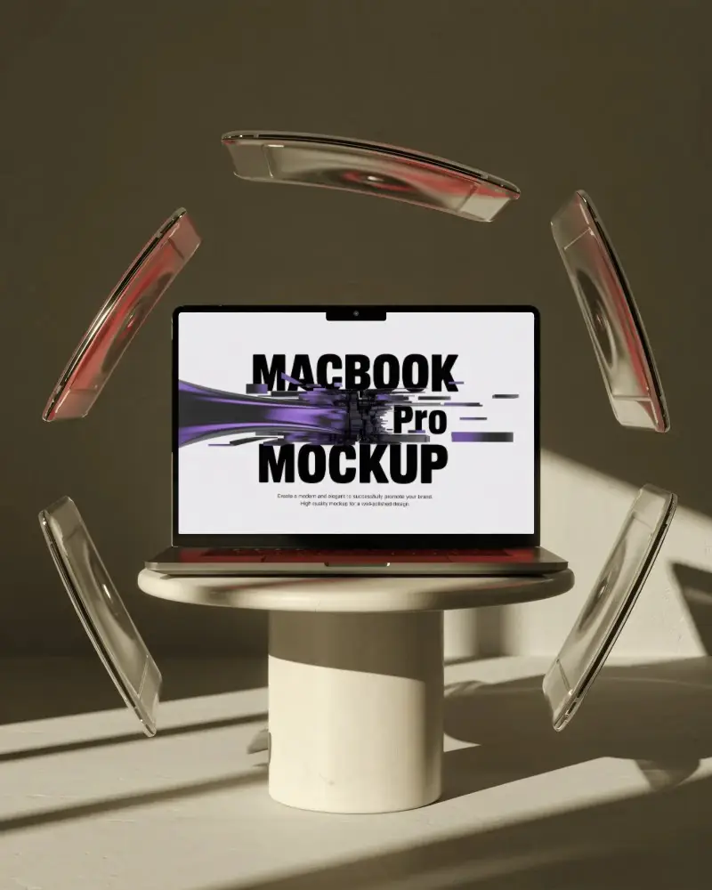 Macbook M5 Pro Mockup With Floating Components In Warm Sculptural Lighting On Minimal Stand