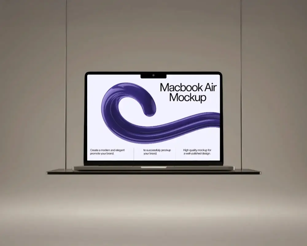 Sleek M5 Air Mockup Hanging On Thin Cables In Soft Neutral Light Modern Tech Style