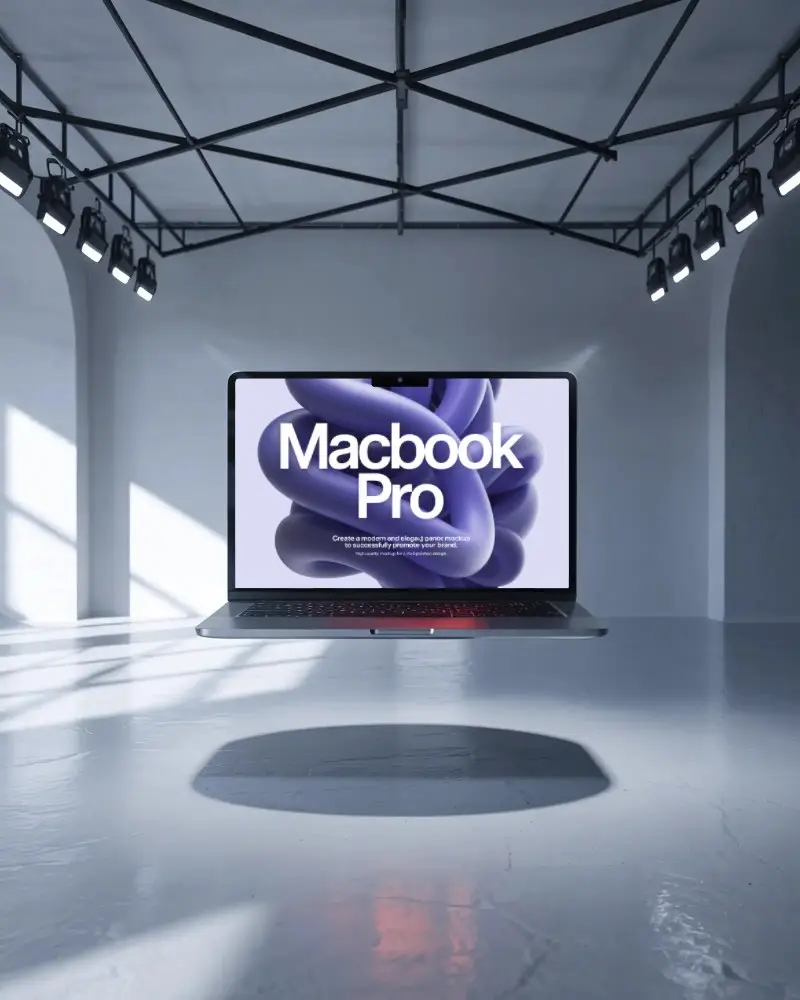 M4 Pro Mockup Floating Under Studio Rig Lighting With Crisp Shadows And Modern Tech Aesthetic