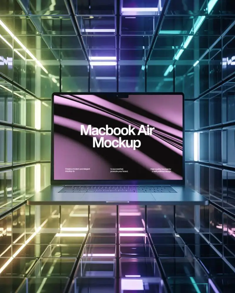 M4 Air Mockup Floating In Neon Glass Tunnel With Futuristic Lighting And Reflective Depth