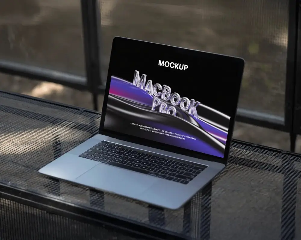 Macbook M1 Pro Mockup On Metal Mesh Table In Soft Outdoor Light With Clean Minimal Tech Look