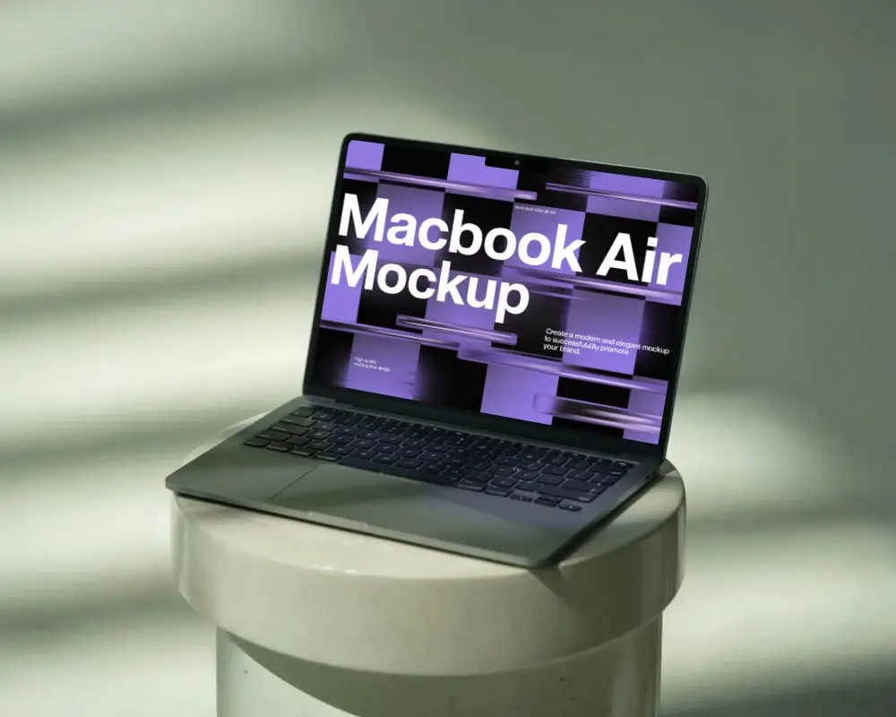 Macbook M4 Air Mockup On Rounded Pedestal In Soft Natural Light With Clean Minimal Style