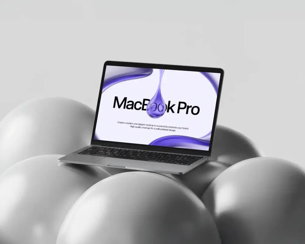 Macbook M1 Pro Mockup On Sculpted Rounded Forms With Clean Soft Light Futuristic Aesthetic
