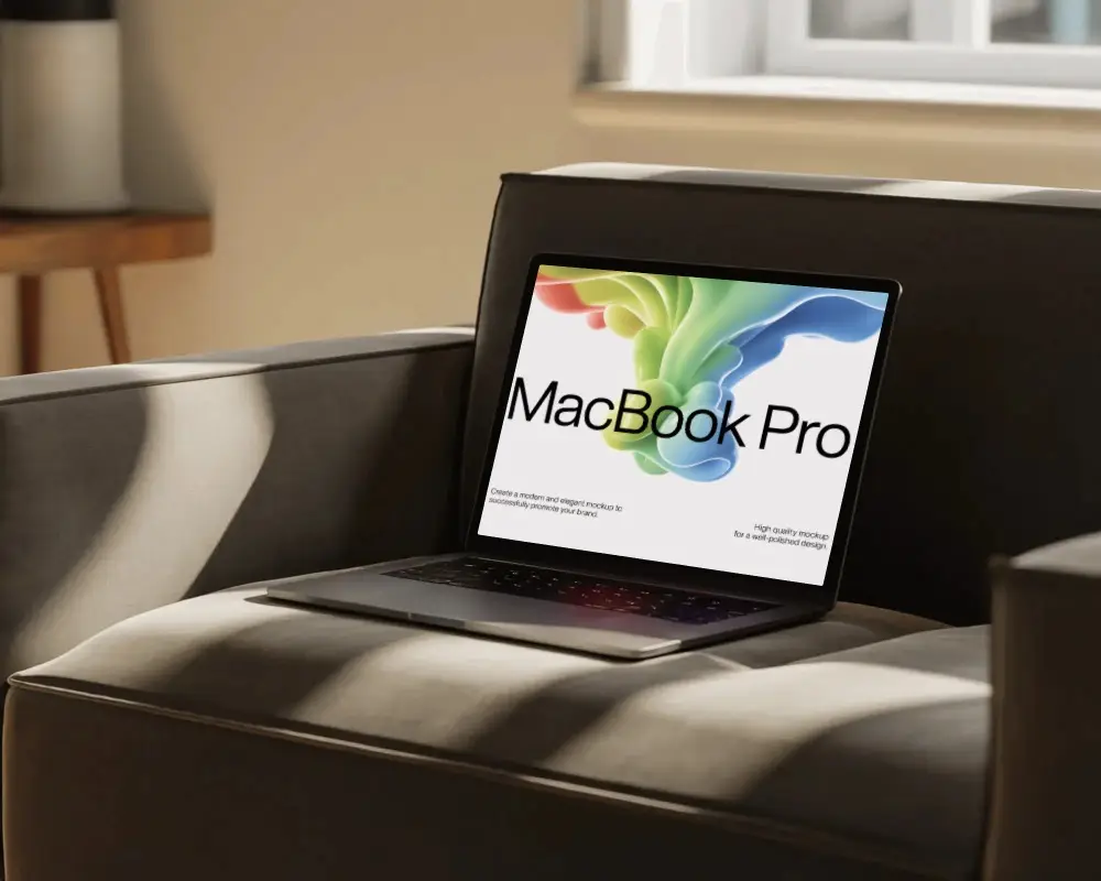 Macbook M1 Pro Mockup On Cozy Armchair With Soft Sunlight And Warm Relaxed Interior Tone
