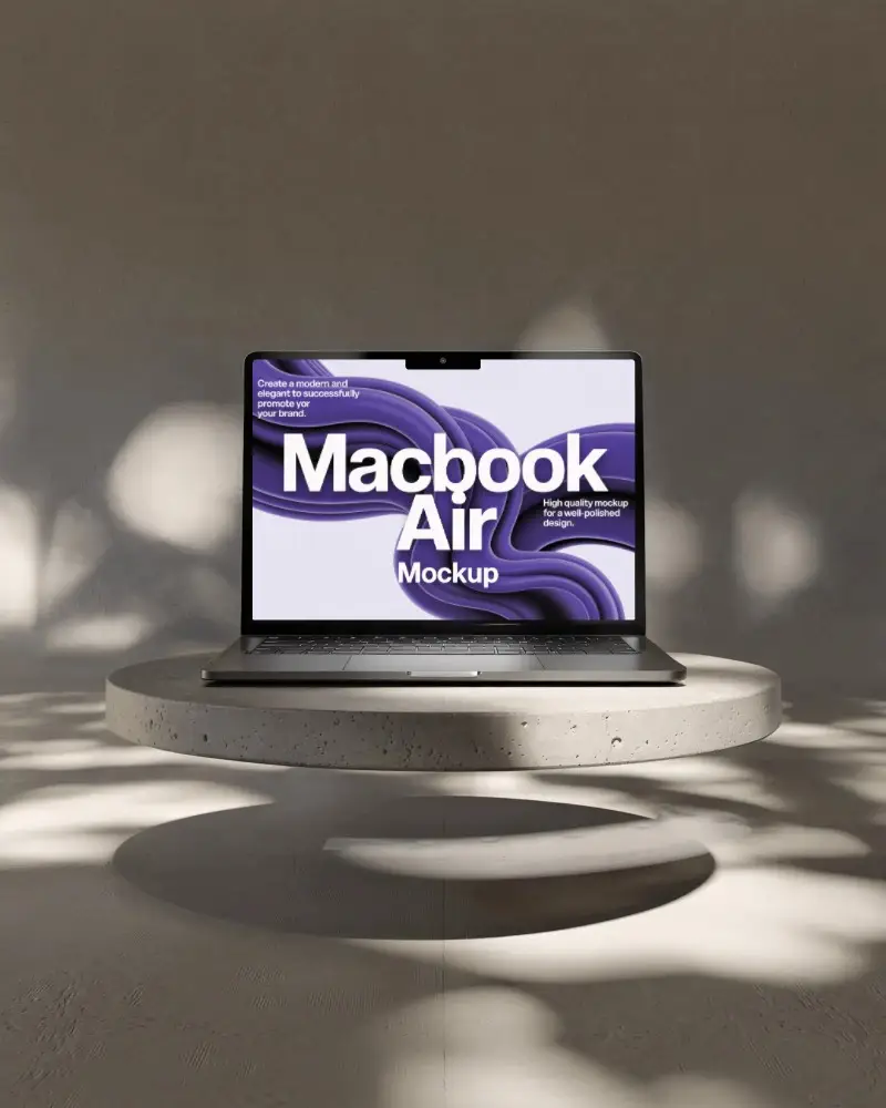 Macbook M2 Air Mockup Floating On Round Stone Platform With Soft Dappled Natural Light