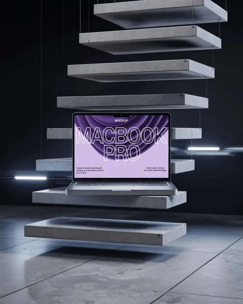 Suspended Macbook M2 Pro Mockup Among Stacked Concrete Panels With Cool Futuristic Glow