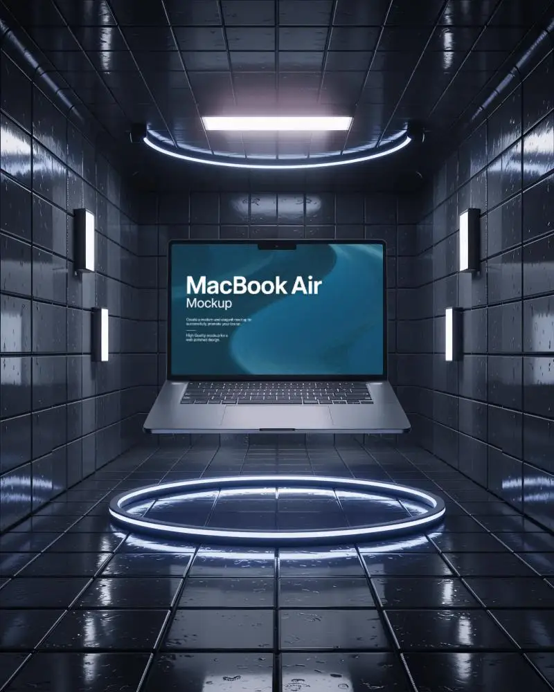 Futuristic Macbook M3 Air Mockup In Dark Glossy Room With Glowing Circular Lights