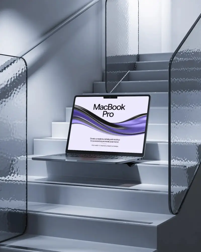 Macbook M5 Pro Mockup Floating On Modern Staircase With Cool Minimal Lighting And Glass Textures