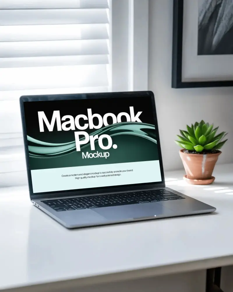 Macbook M1 Pro Mockup On Bright Home Desk With Natural Window Light And Minimal Decor