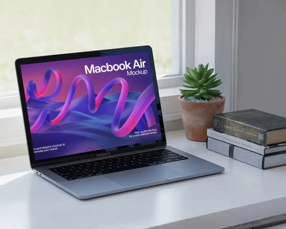 Macbook M1 Air Mockup On Bright Window Desk With Natural Light And Clean Minimal Home Style