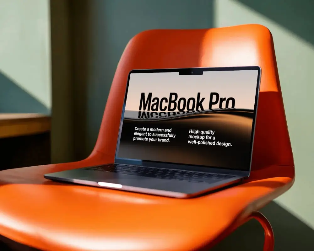 Macbook M2 Pro Mockup On Bold Orange Chair With Strong Sunlight And Modern Interior Style