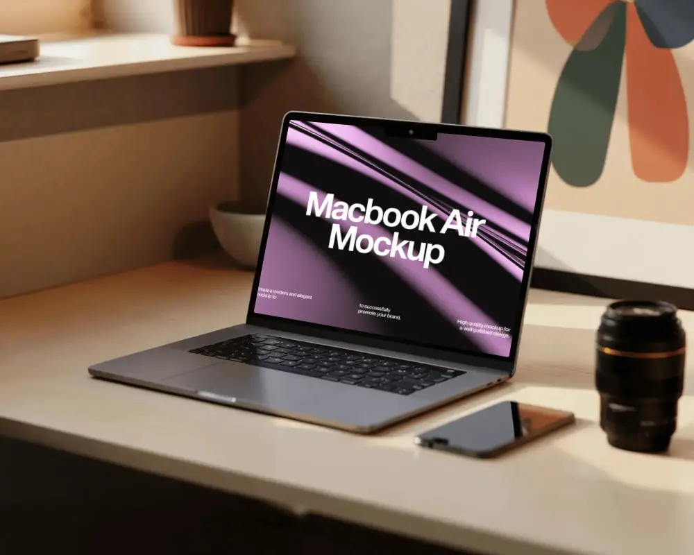 Macbook M3 Air Mockup On Warm Minimal Desk With Soft Natural Light And Creative Home Studio Style