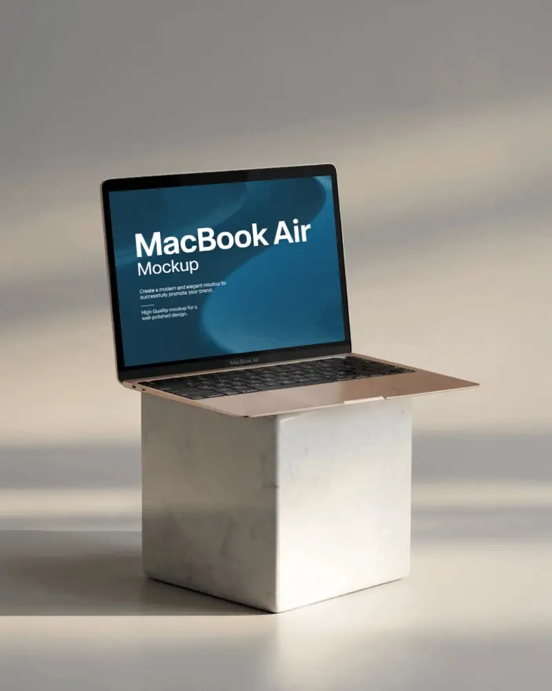 Macbook M1 Air Mockup On Marble Cube With Soft Sunlight And Clean Minimal Modern Styling