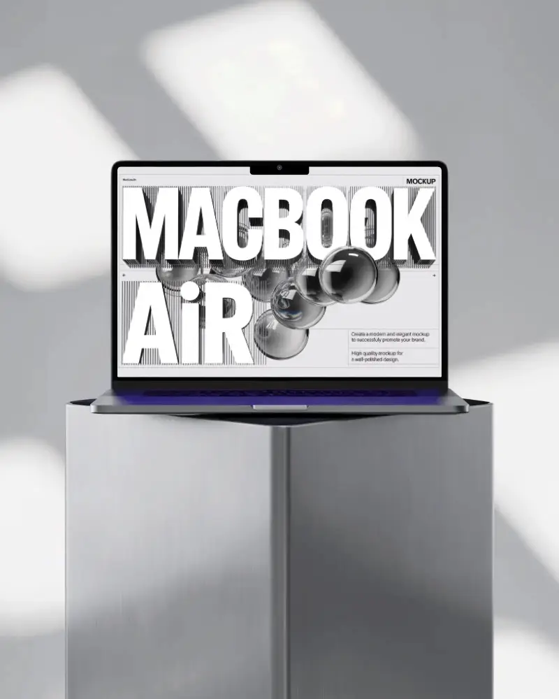 Macbook Air M5 Mockup On Brushed Metal Pedestal With Soft Minimal Light And Clean Modern Aesthetic